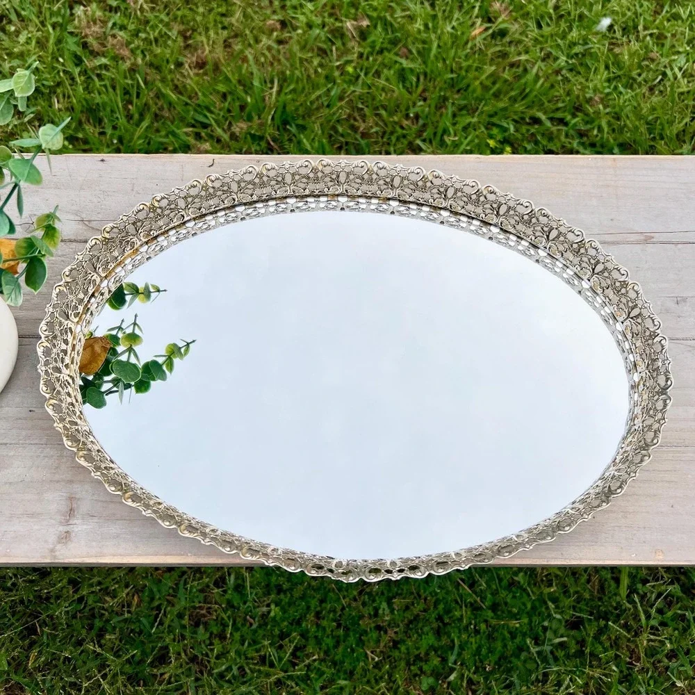 Vintage Oval Gold Filigree Vanity Mirror Tray